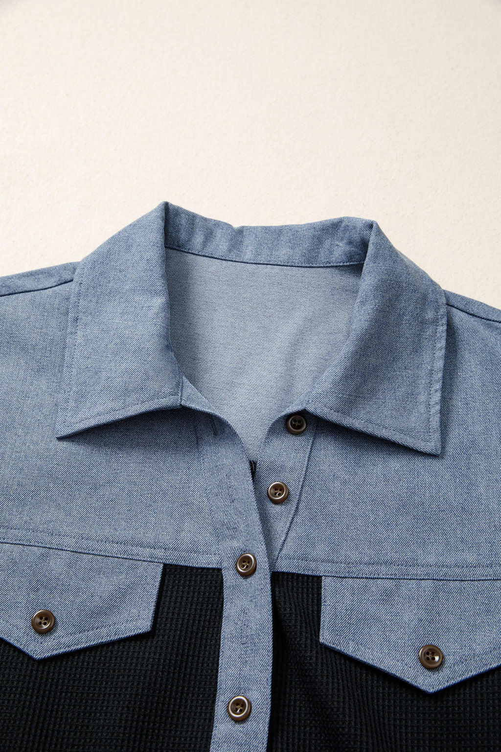 Colorblock Denim Waffle Knit Patchwork Polo Top