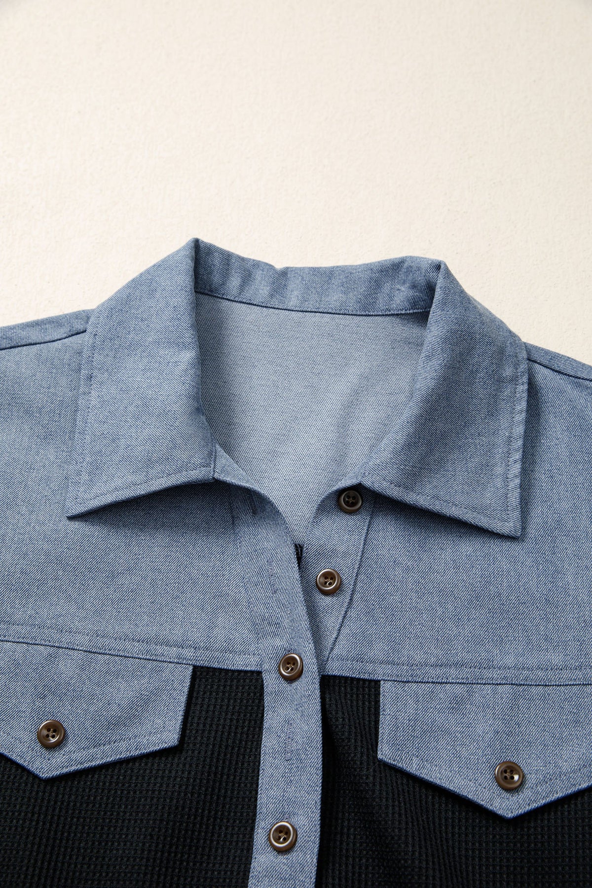 Colorblock Denim Waffle Knit Patchwork Polo Top