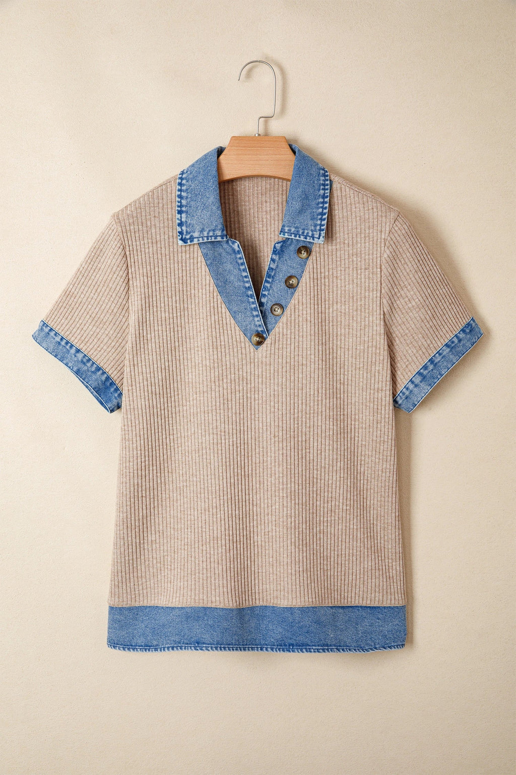 Denim Patchwork Ribbed Knit Collared Blouse