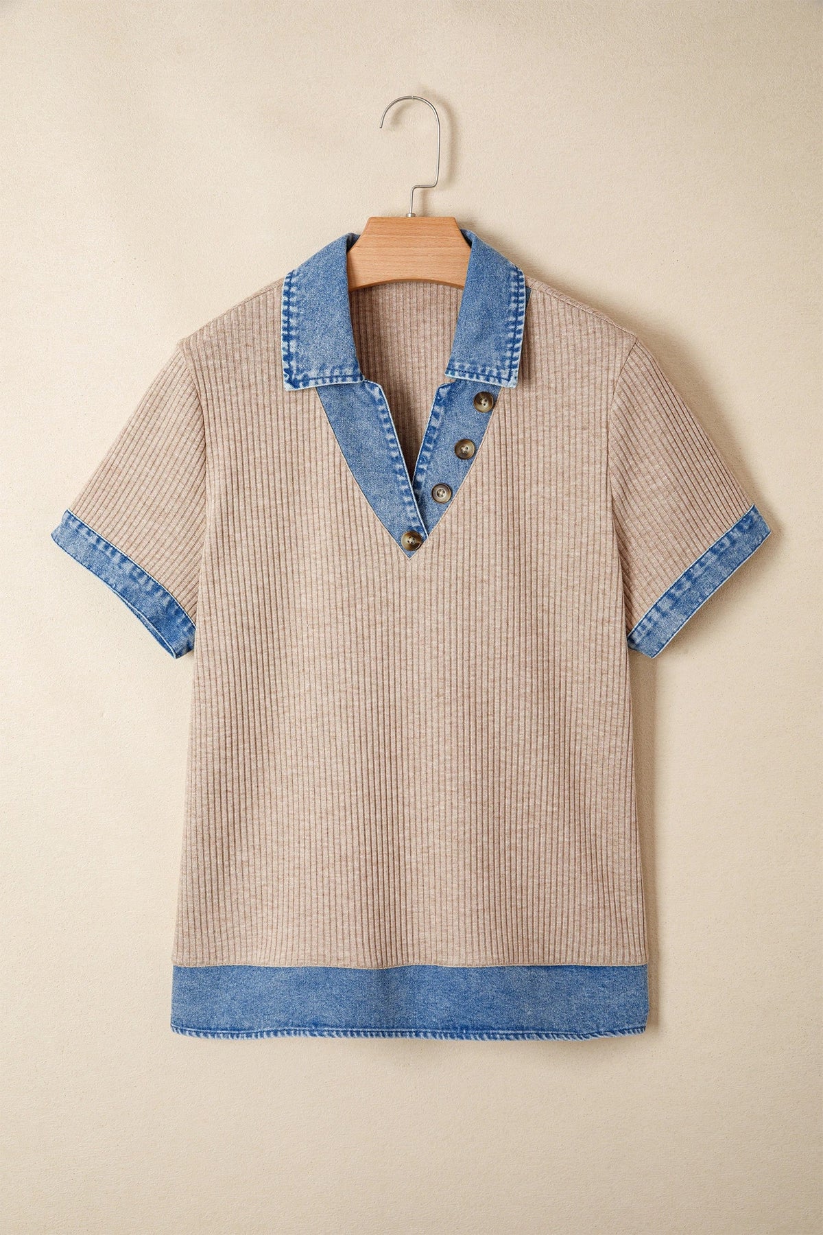Denim Patchwork Ribbed Knit Collared Blouse