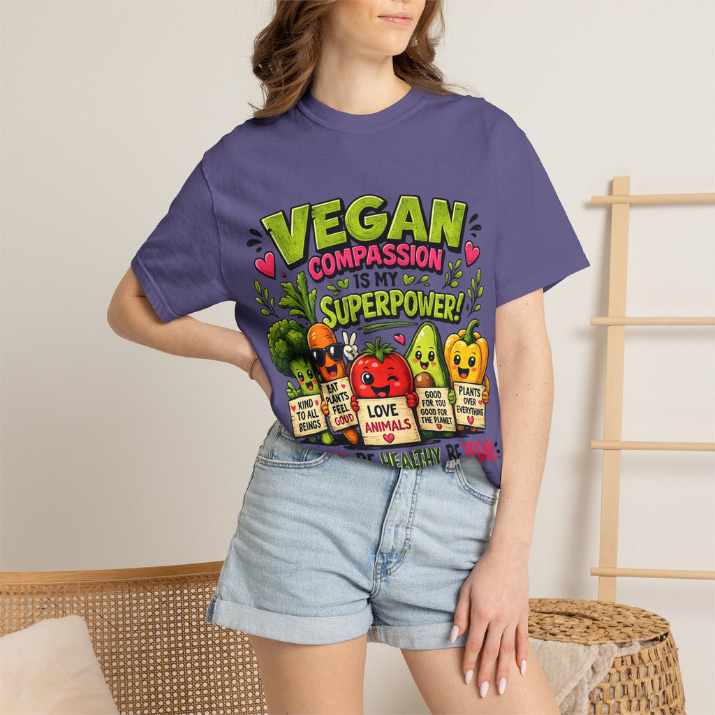 Vegan Compassion Is My Superpower T-shirt | Cute Veggie Characters