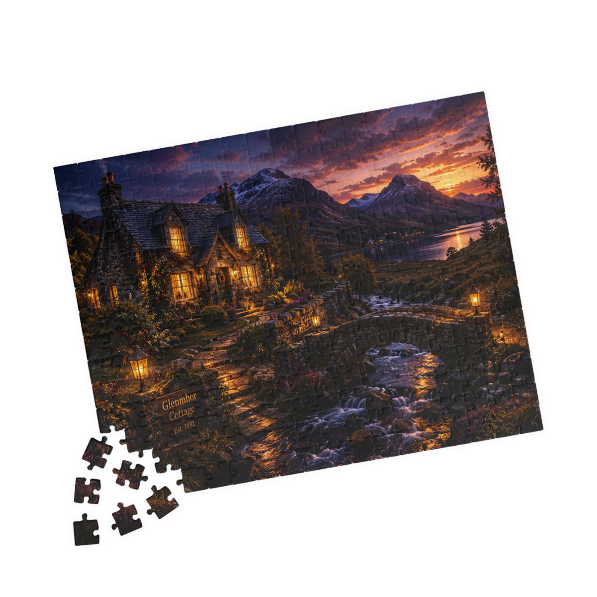Twilight Lakeside Cottage Puzzle — Scenic 110/252/520/1014-Piece Jigsaw