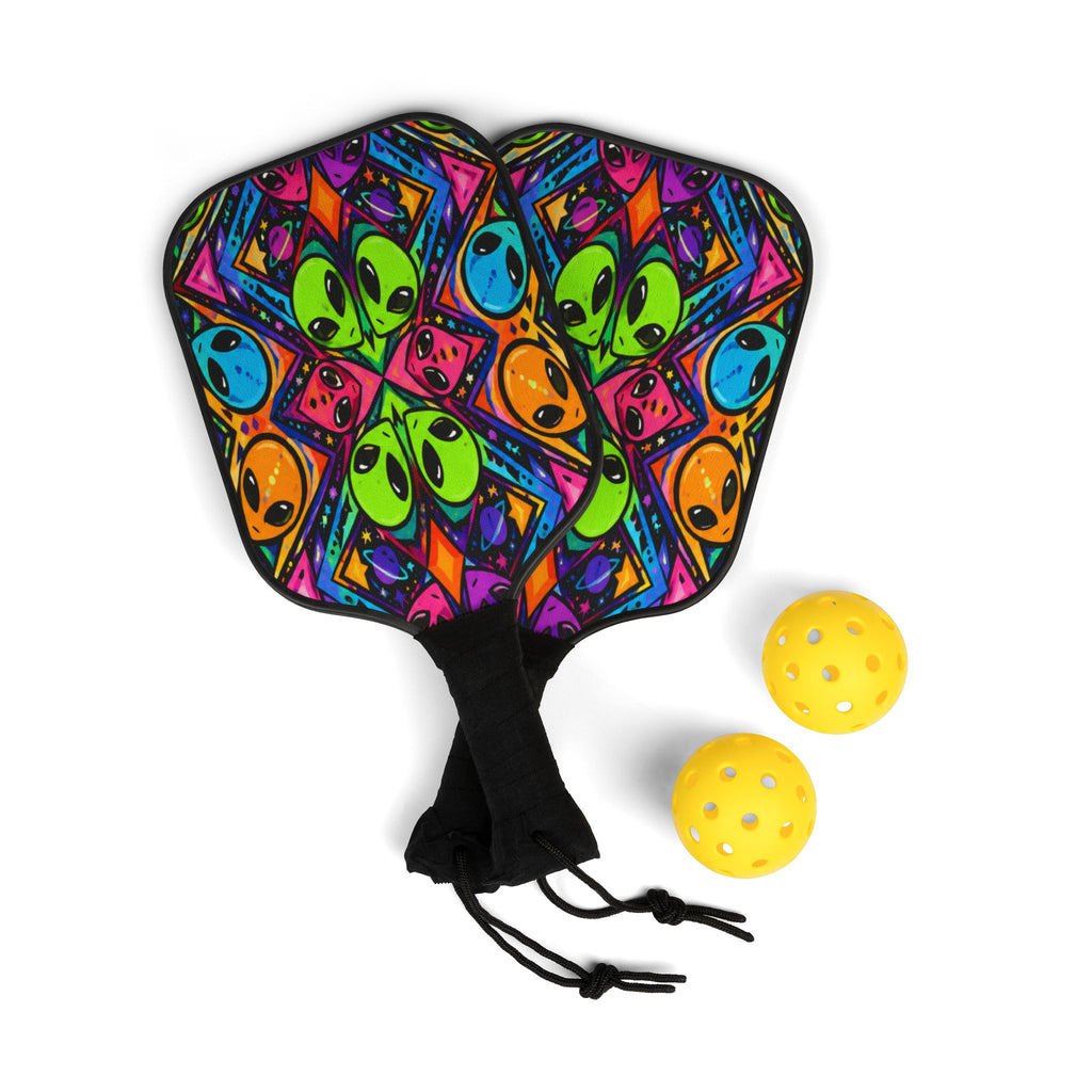 Neon Alien Pickleball Paddles & Balls Kit — Colorful Psychedelic Pickleball Set