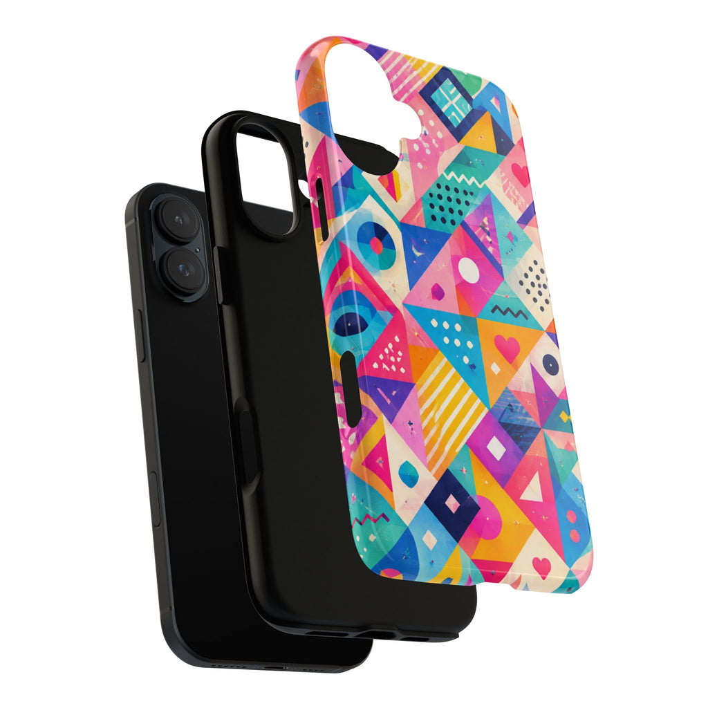 Colorful Geometric Tough Phone Case — Bright Abstract Heart & Triangle Pattern