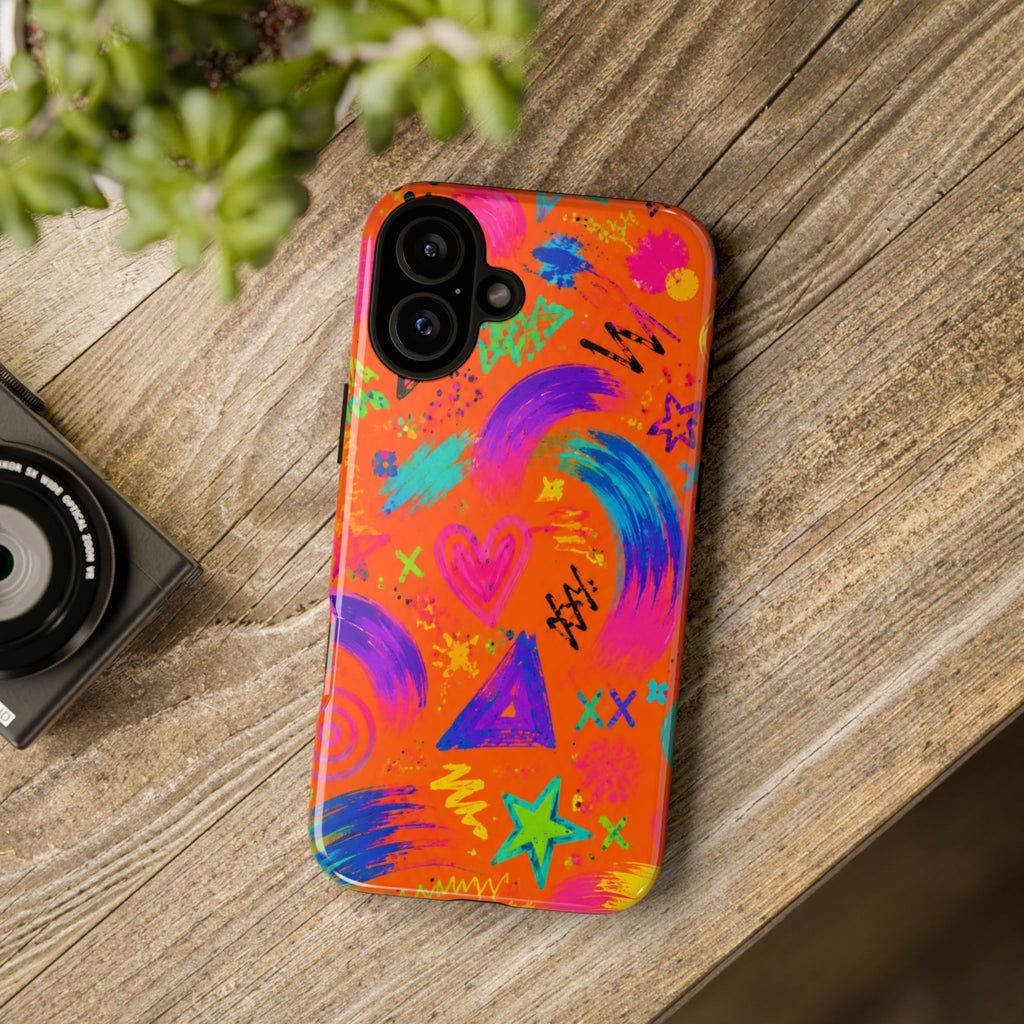 Colorful Neon Doodle Phone Case — Bright Abstract Stars & Hearts Tough Case