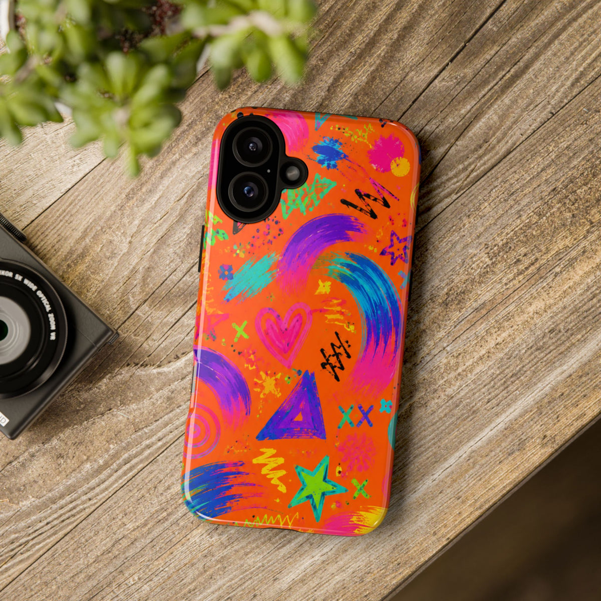 Colorful Neon Doodle Phone Case — Bright Abstract Stars & Hearts Tough Case