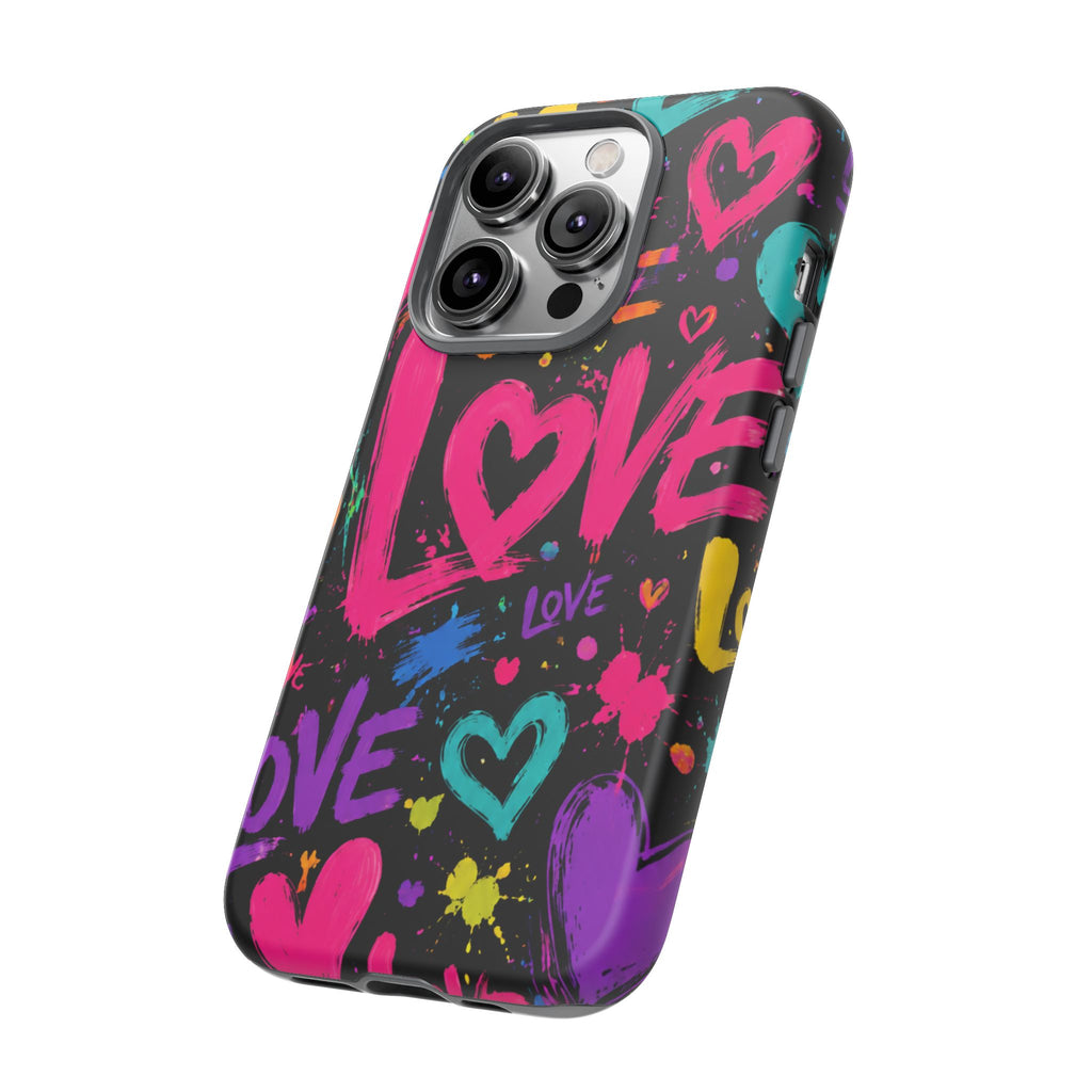 Phone Case — Neon Graffiti "Love" Hearts Protective Tough Case