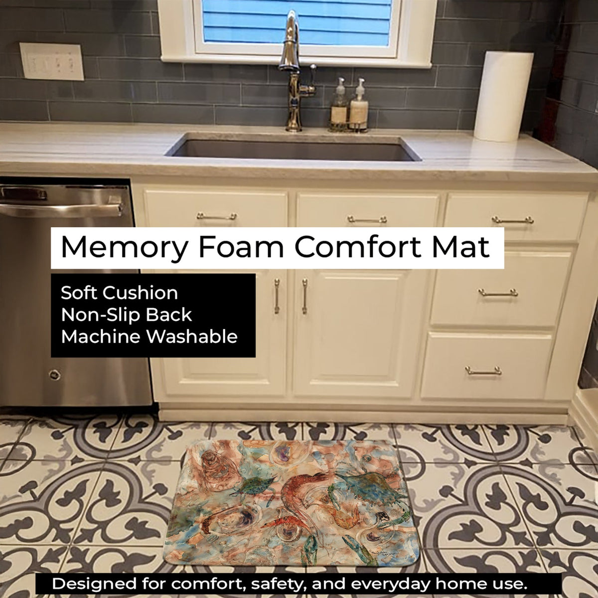 Crabs, Shrimp and Oysters on the loose Memory Foam Kitchen Mat Machine Washable Anti-Fatigue Cushion Comfort Bath or Kitchen Rug