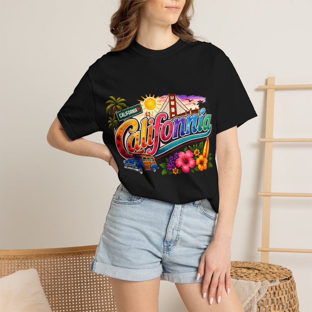 California Retro Sunset T-shirt | Golden Gate, Palm Trees & Surf