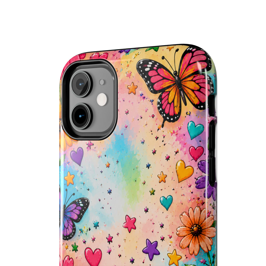 Colorful Butterflies and Flowers Tough Phone Case | Rainbow Hearts Stars