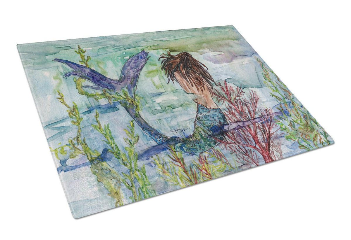 Brunette Mermaid Coral Fantasy Cutting Board Tempered Glass Kitchen Cutting Surface, Heat Resistant Chopping, Non-Slip Feet, Food Prep & Serving