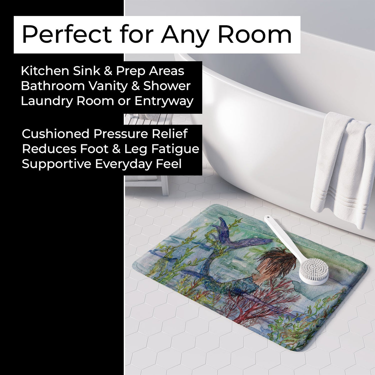 Brunette Mermaid Coral Fantasy Memory Foam Kitchen Mat Machine Washable Anti-Fatigue Cushion Comfort Bath or Kitchen Rug