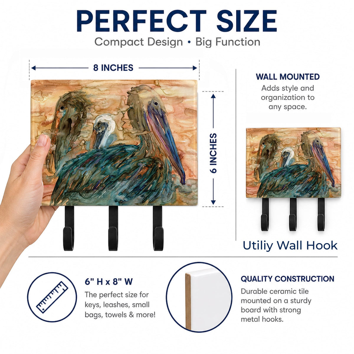 Abstract Pelicans Leash or Key Holder Wall Hooks, Coat Rack Wall Mount, for Hanging Keys, Towels, Aprons, Leashes