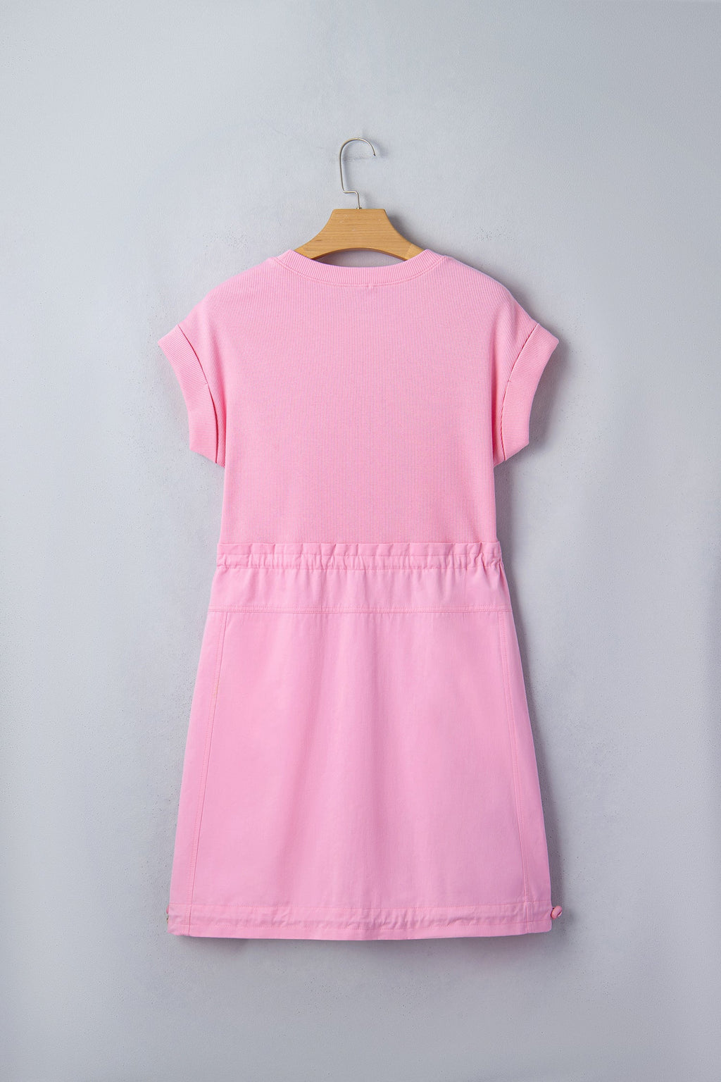 Solid Ribbed Knit Patchwork Drawstring Mini Dress