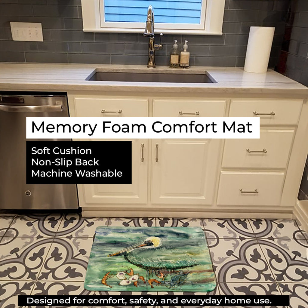 Watery Pelican, Shrimp, Crab and Oysters Memory Foam Kitchen Mat Machine Washable Anti-Fatigue Cushion Comfort Bath or Kitchen Rug