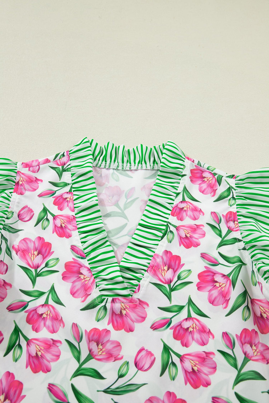 Floral Stripe Ruffle Trim V-Neck Blouse