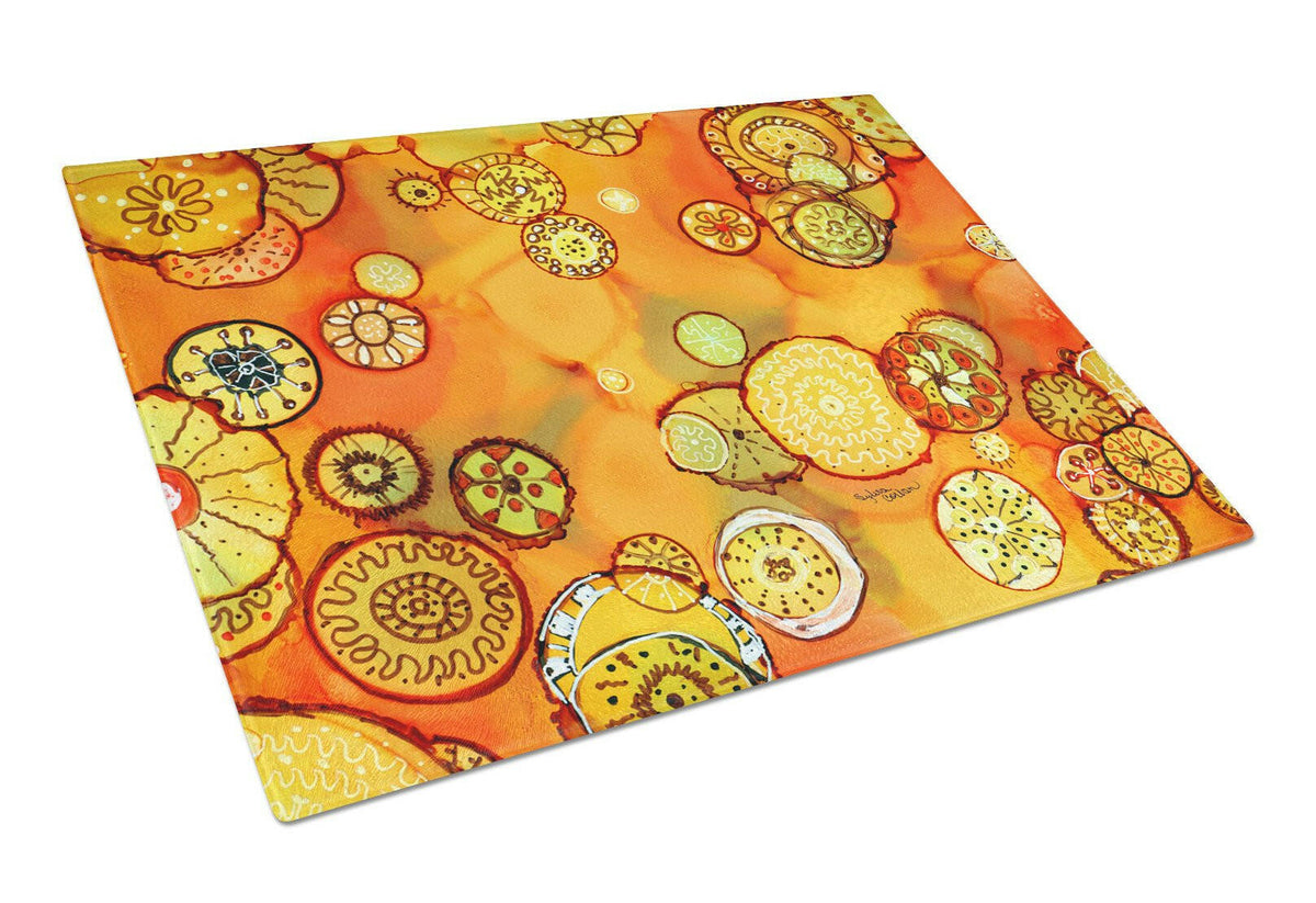 Abstract Flowers in Oranges and Yellows Cutting Board Tempered Glass Kitchen Cutting Surface, Heat Resistant Chopping, Non-Slip Feet, Food Prep & Serving