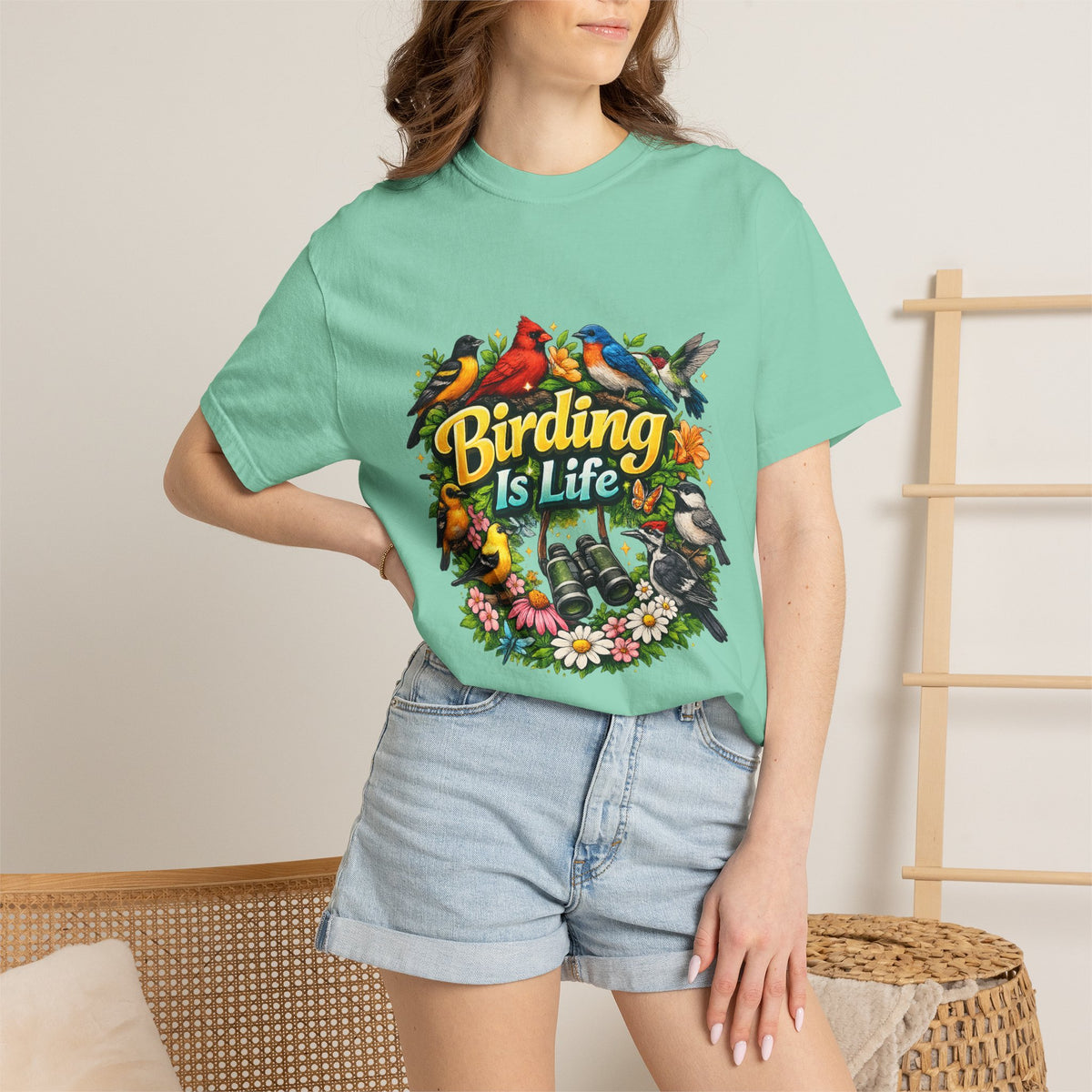 Birding Is Life T-shirt | Colorful Songbirds, Binoculars, Floral Design