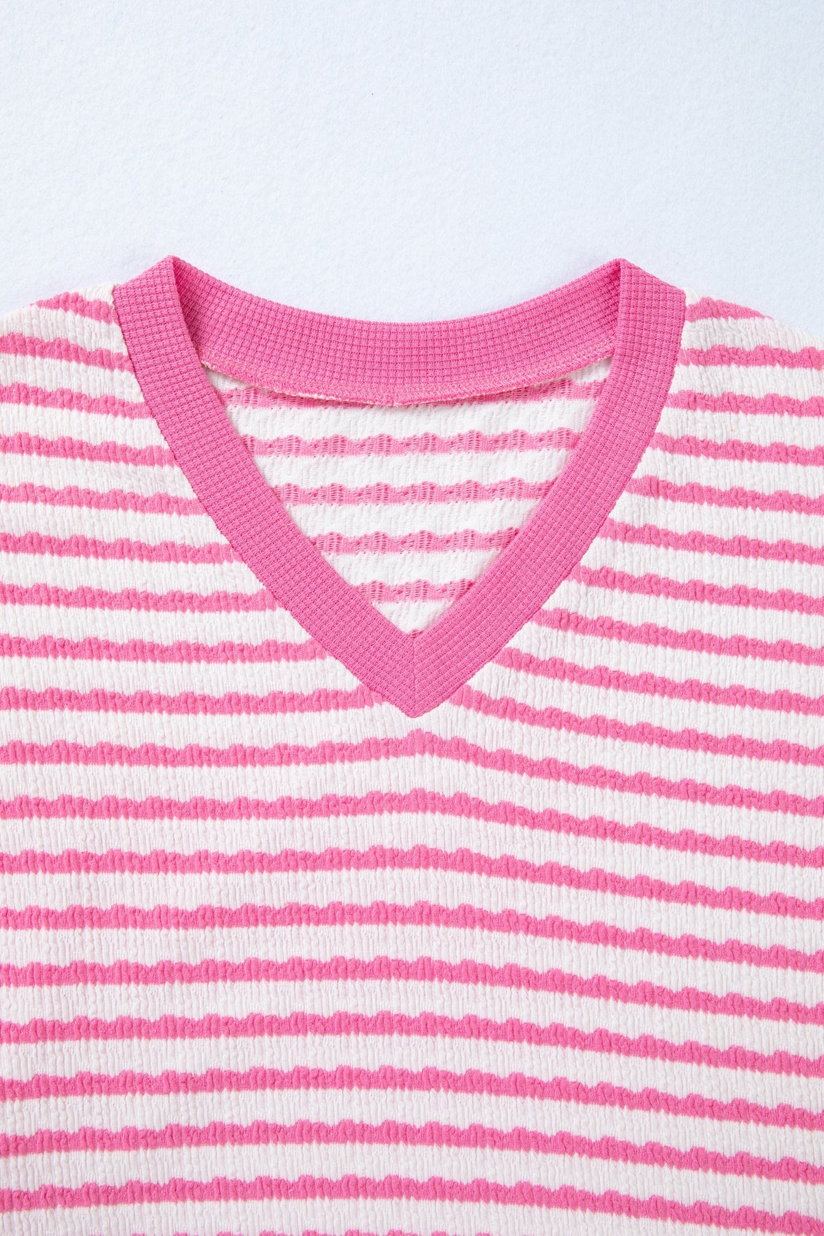 Stripe Textured Knit V-Neck Short Sleeve Top