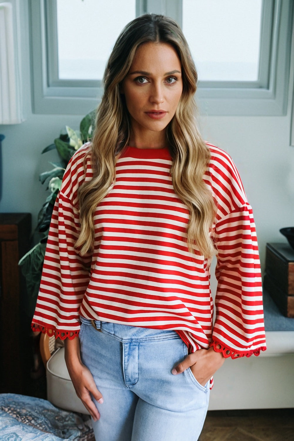 Stripe Lace Trim 3/4 Sleeve Top