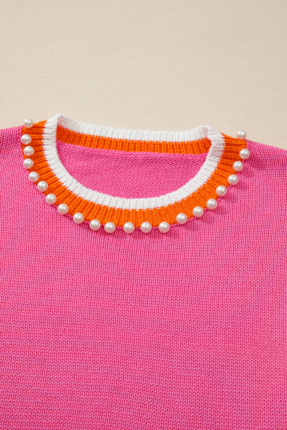 Pearl Contrast Trim Crewneck Drop Shoulder Sweater