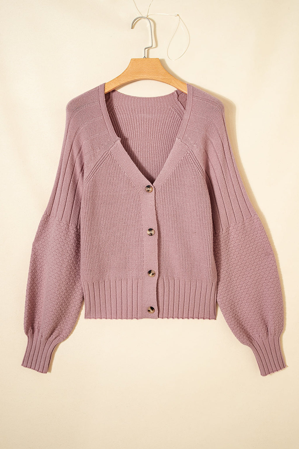 Solid Textured Knit Button Front V-Neck Cardigan