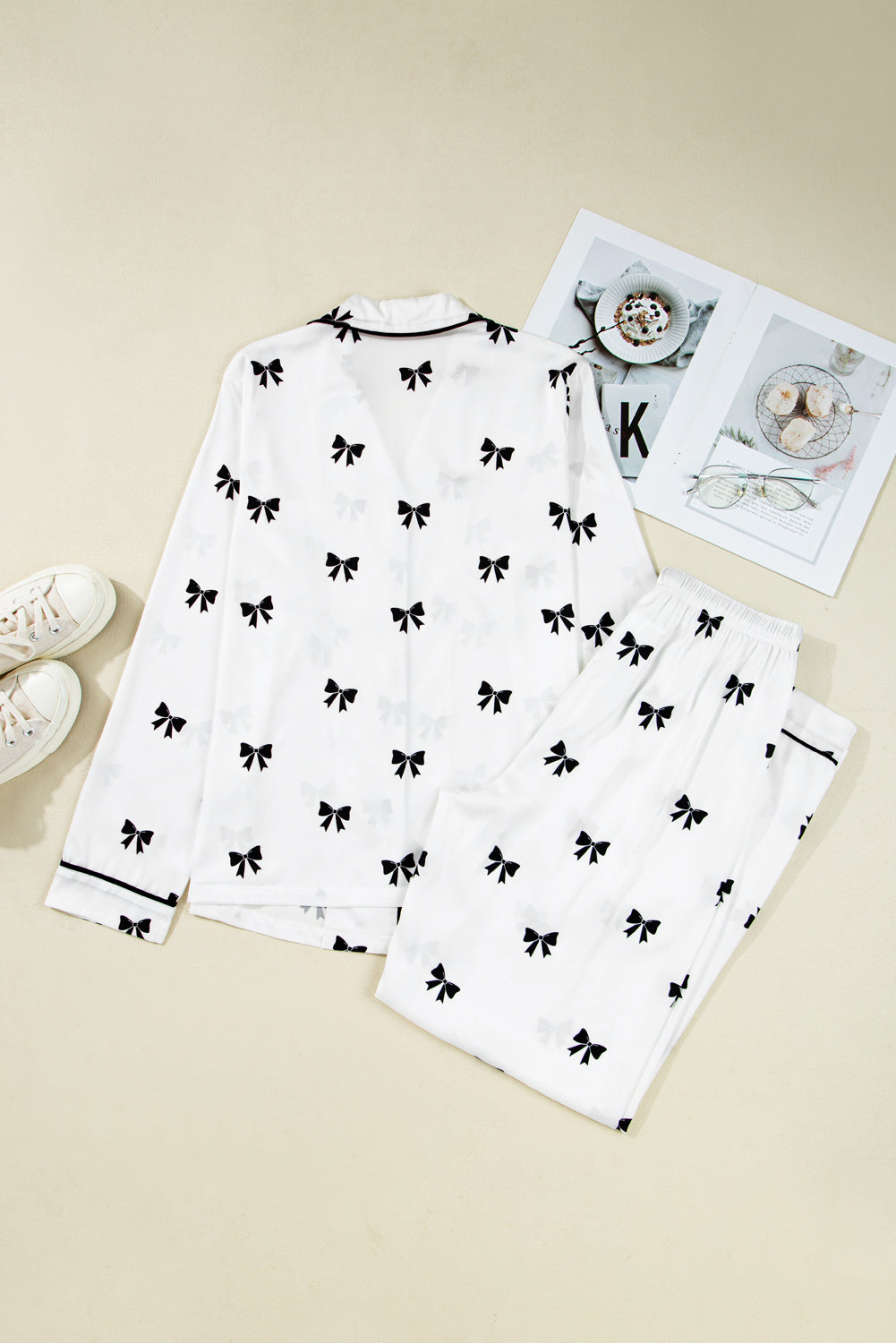 Bow Tie Long Sleeve Top and Pants Pajama Set