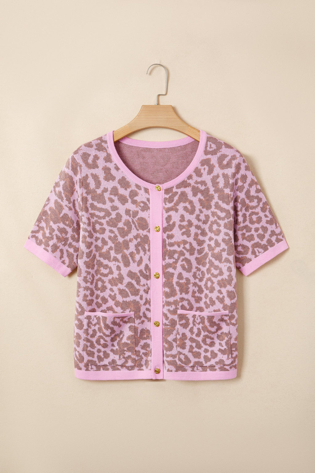 Leopard Button Down Short Sleeve Sweater Cardigan