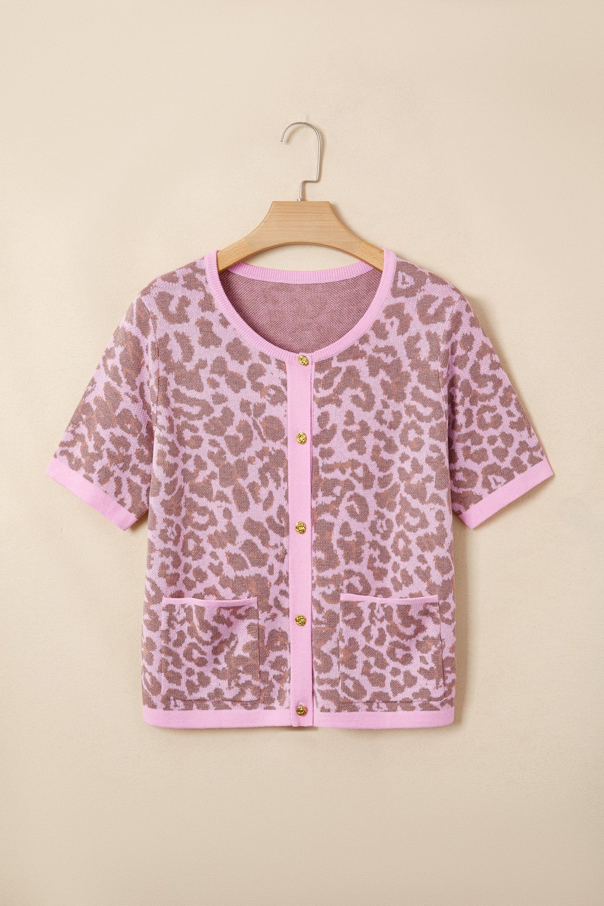 Leopard Button Down Short Sleeve Sweater Cardigan