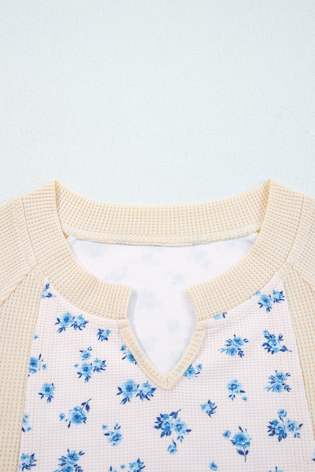 Floral Patchwork Waffle Knit Balloon Sleeve Top