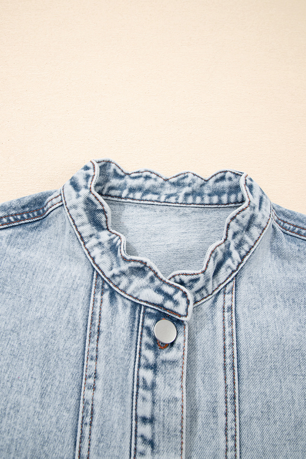 Denim Button-Front Scallop Trim Patch Pocket Vest
