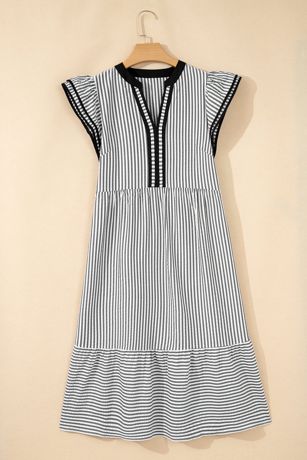 Stripe Contrast V-Neck Flutter Sleeve Midi Dress