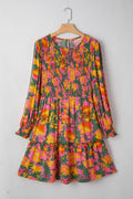 Floral Smocked Ruffle Hem Long Sleeve Mini Dress