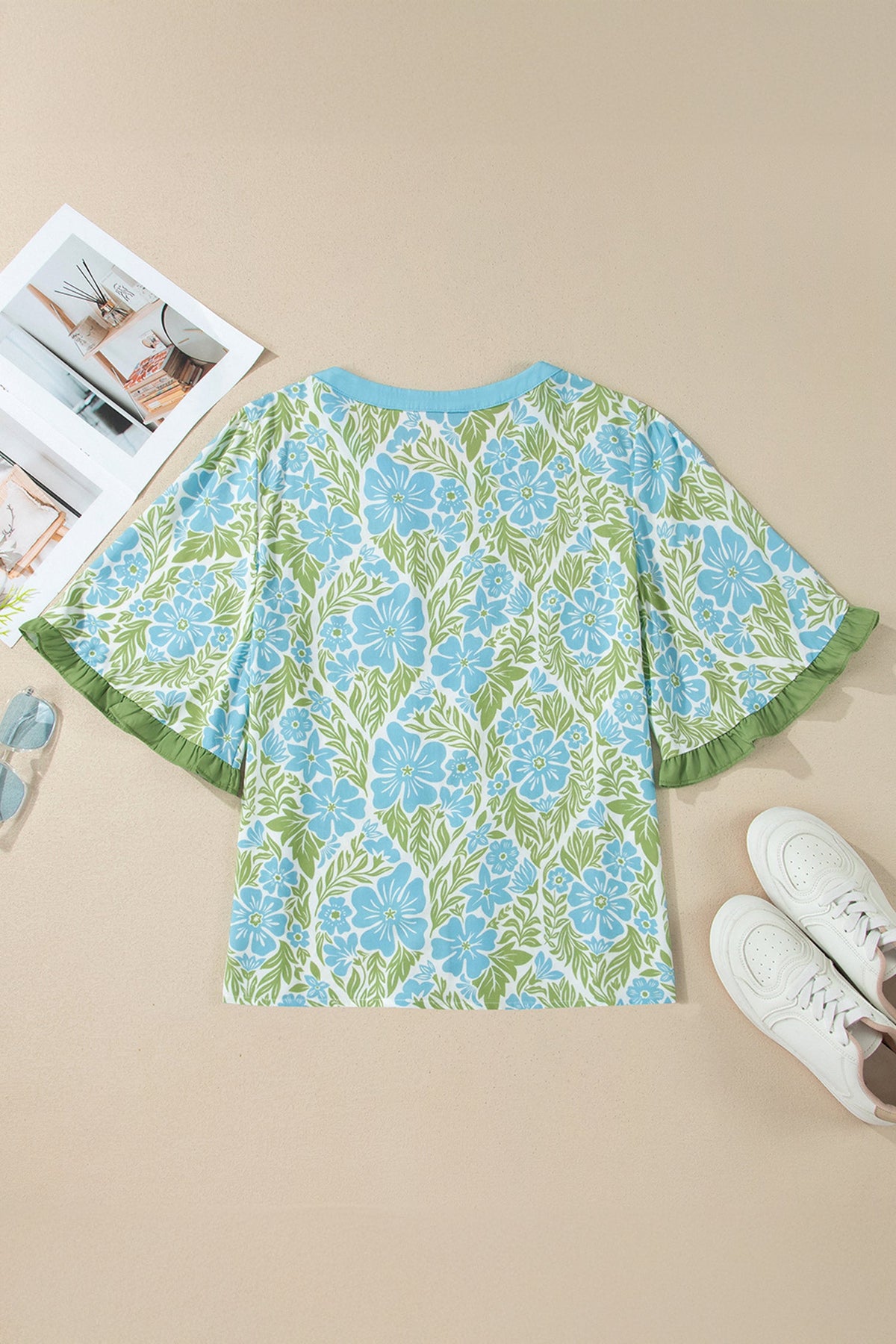 Floral Ruffle Colorblock Trim 3/4 Sleeve Blouse