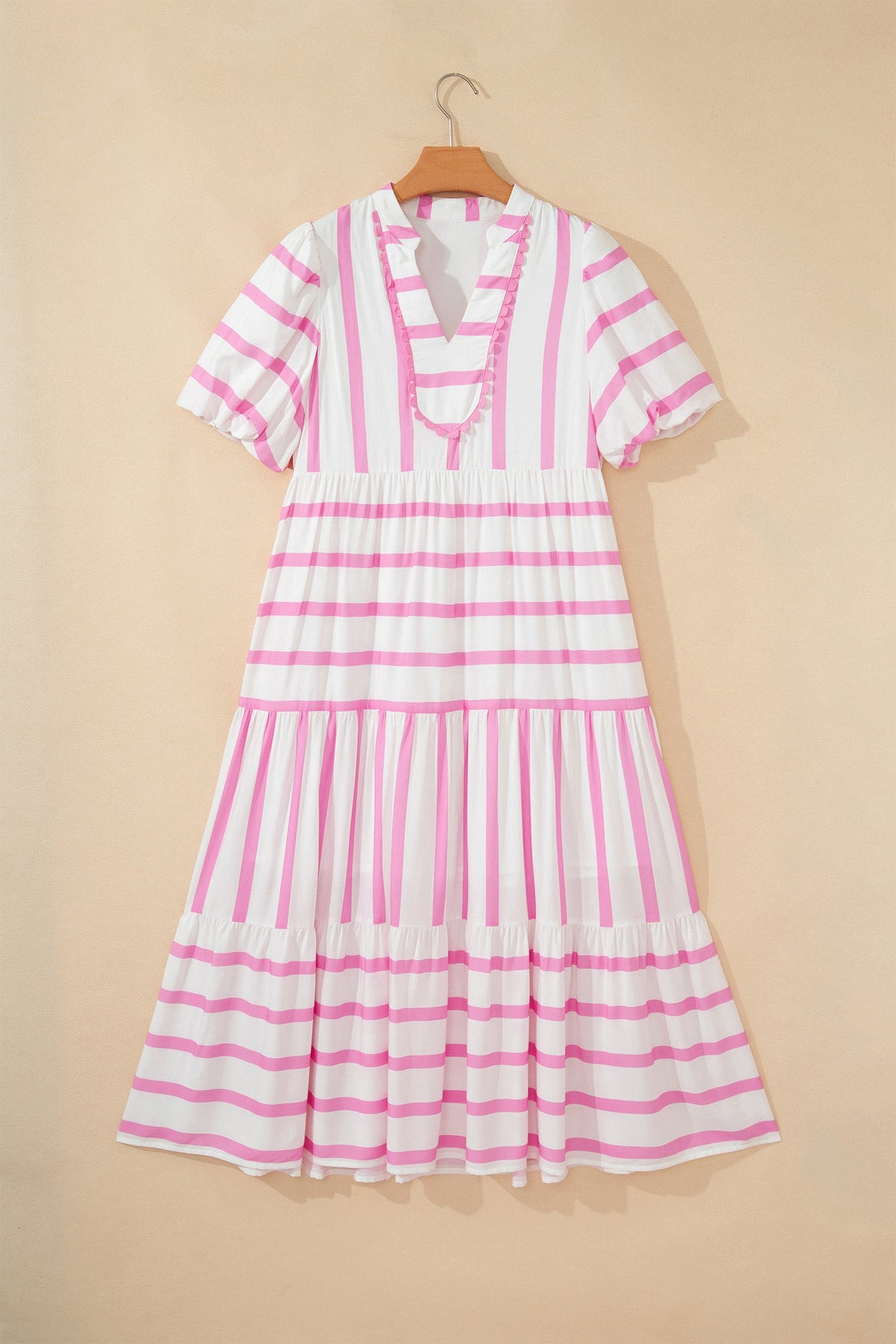 Stripe Ricrac Trim Notched Neck Midi Dress