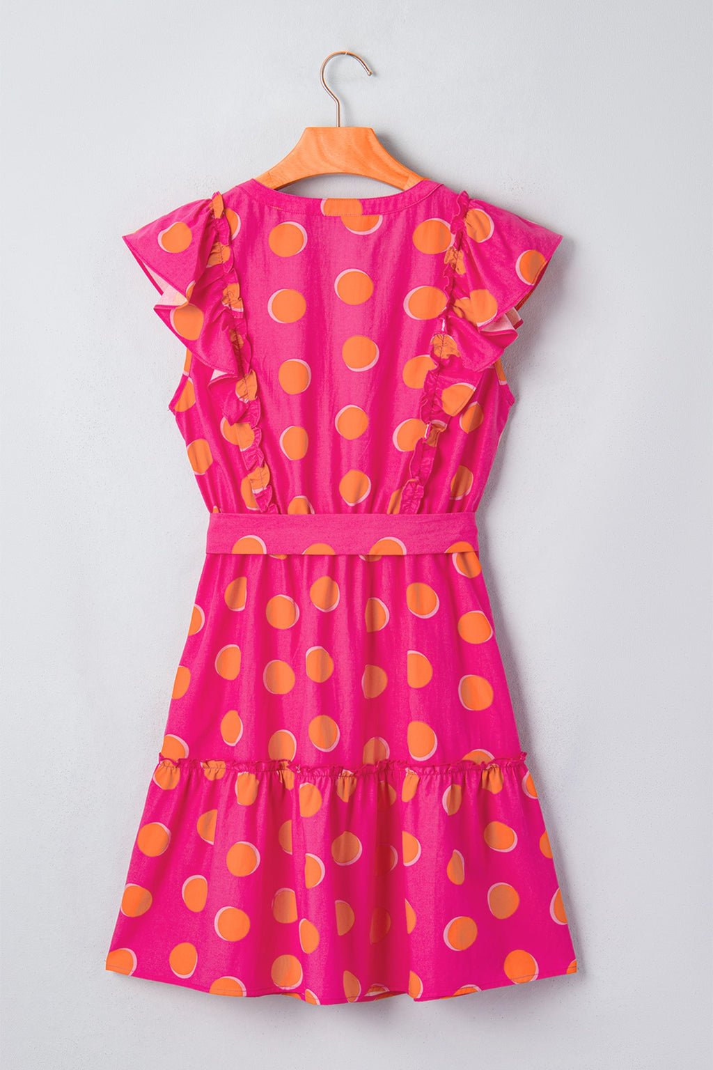 Polka Dot V-Neck Ruffle Belted Mini Dress