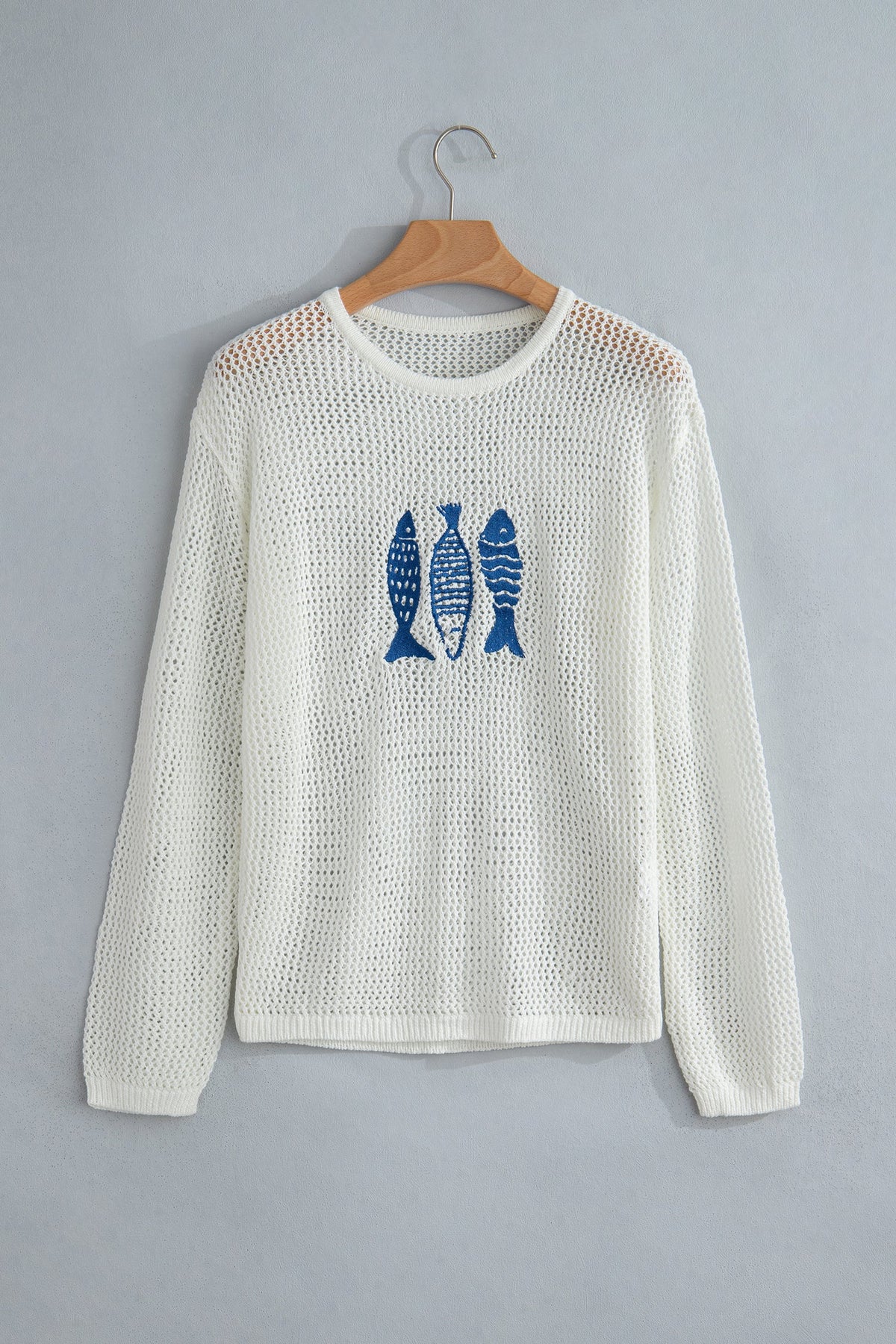 Fish Embroidered Crew Neck Crochet Knit Sweater