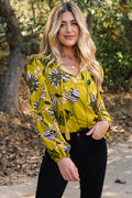 Floral V-Neck Ruffle Trim Long Sleeve Blouse