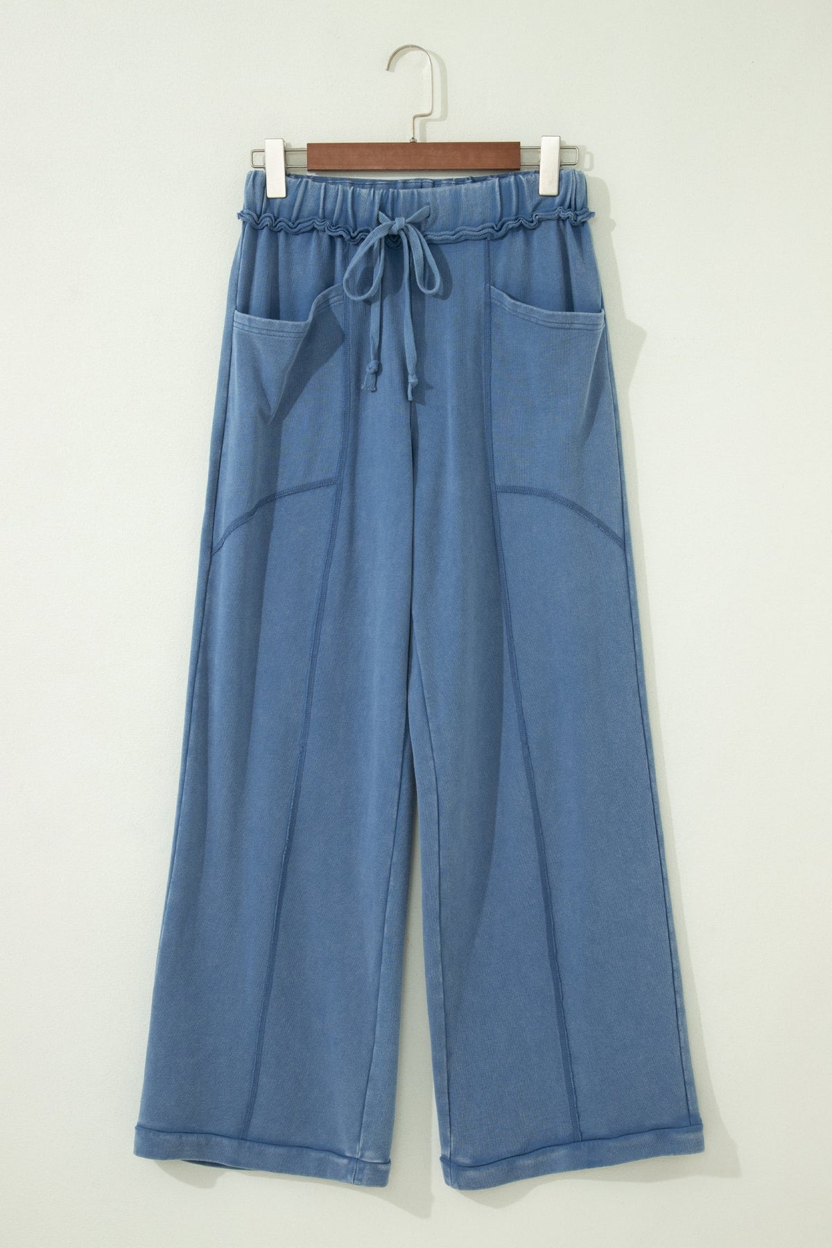 Solid Mineral Wash Drawstring Wide Leg Pants