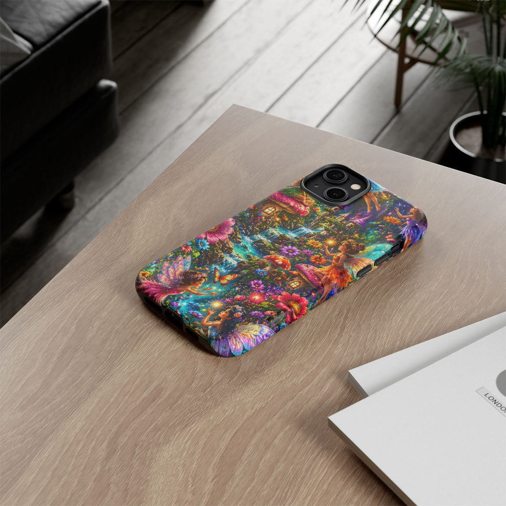 Fairy Garden Tough Phone Case — Whimsical Cottage, Waterfall & Mushroom Artwork