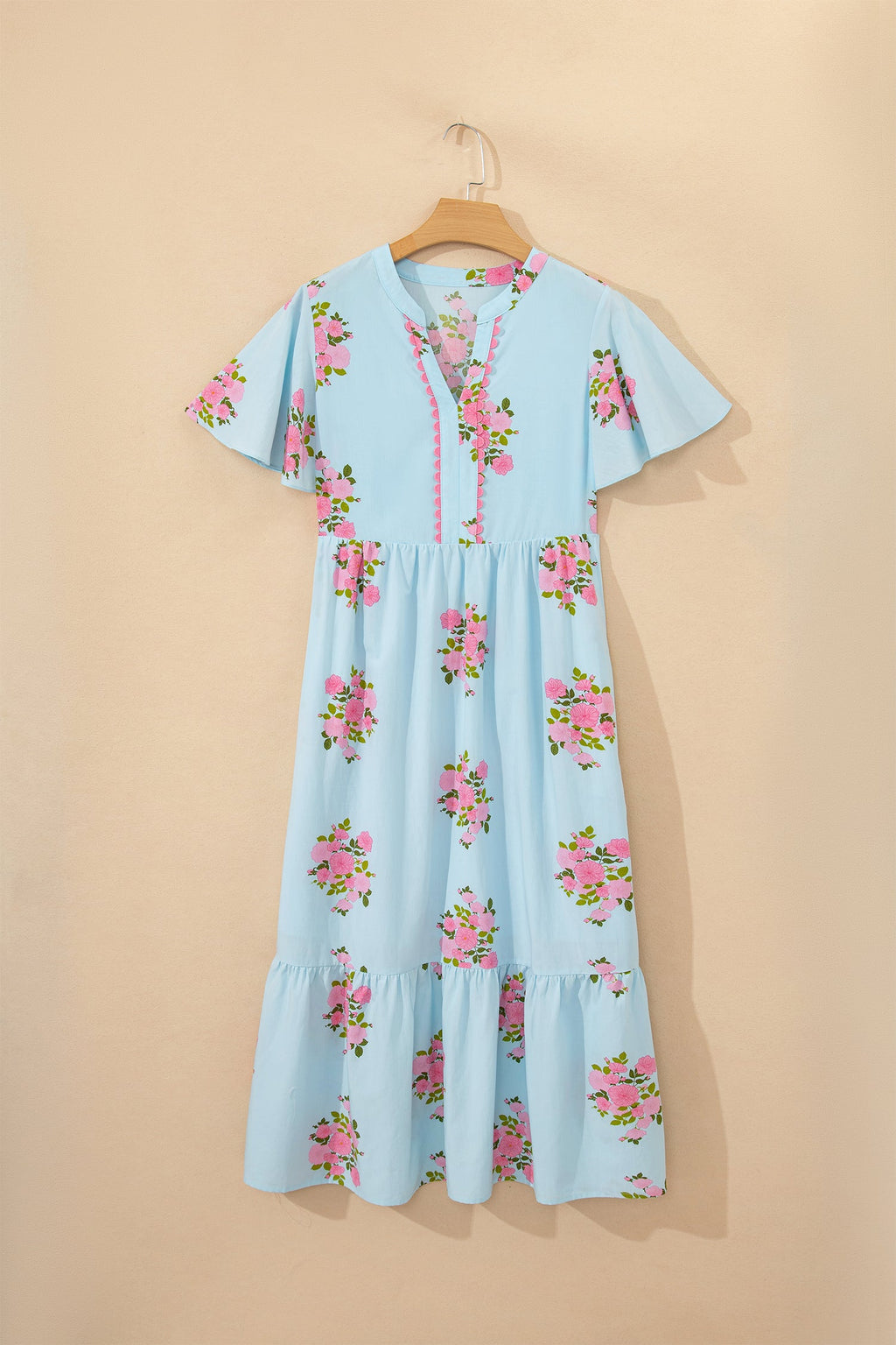Floral Notched Neck Flutter Sleeve Maxi Dress