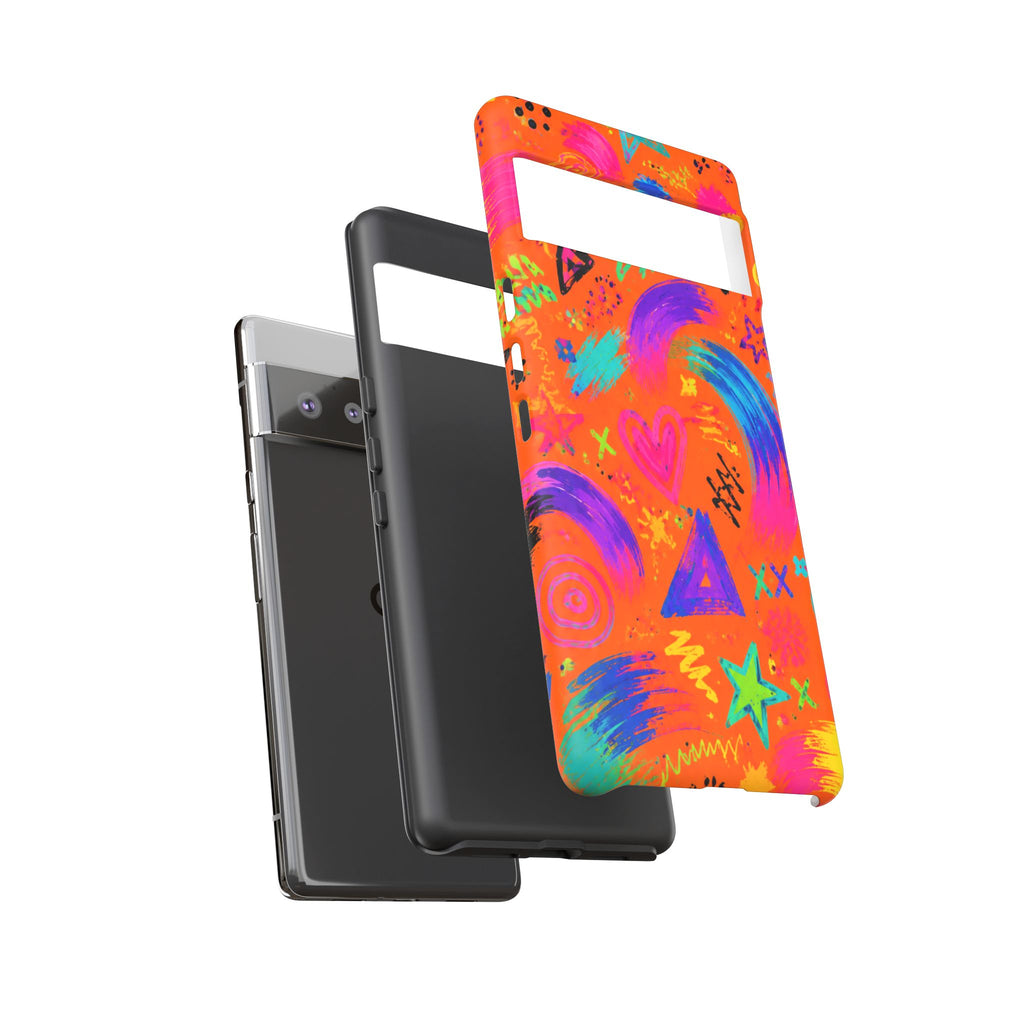 Colorful Neon Doodle Phone Case — Bright Abstract Stars & Hearts Tough Case