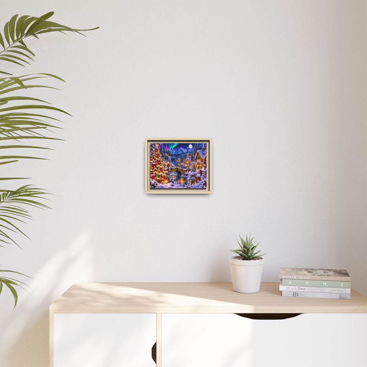 Framed Matte Canvas - Cozy Christmas Village Winter Night Wall Art