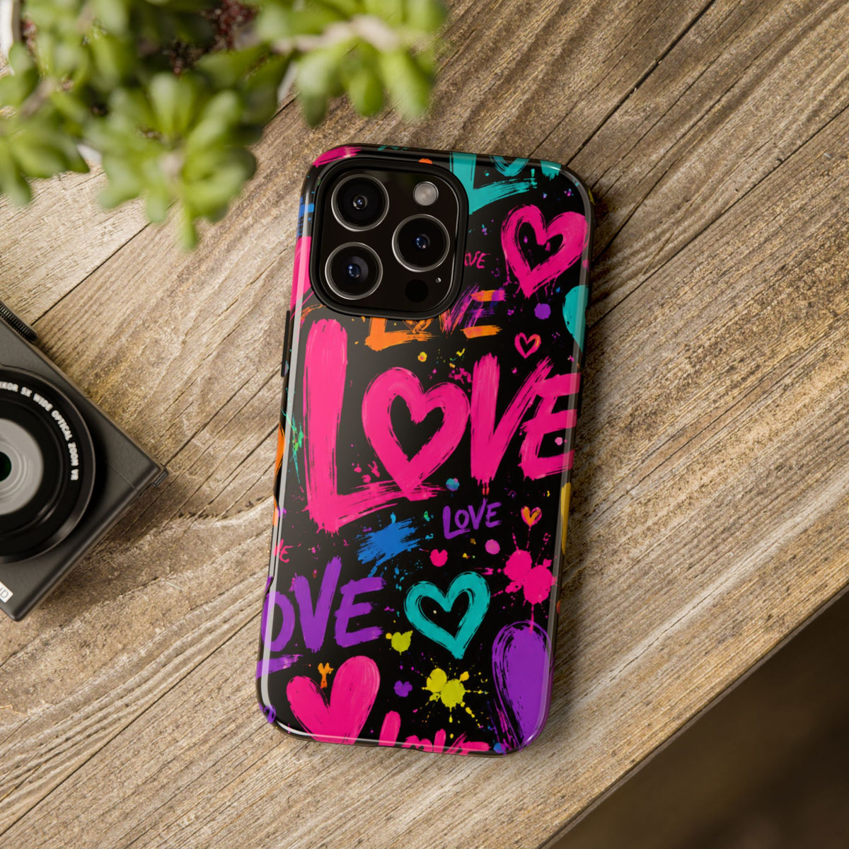Phone Case — Neon Graffiti "Love" Hearts Protective Tough Case