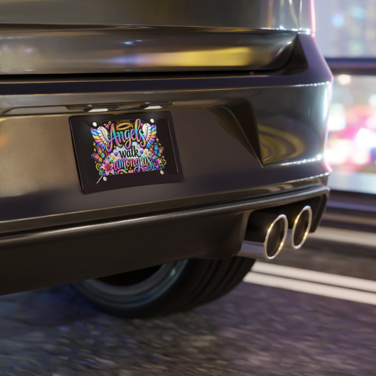 Angels Walk Among Us Vanity Plate | Rainbow Wings, Floral Memorial License Plate