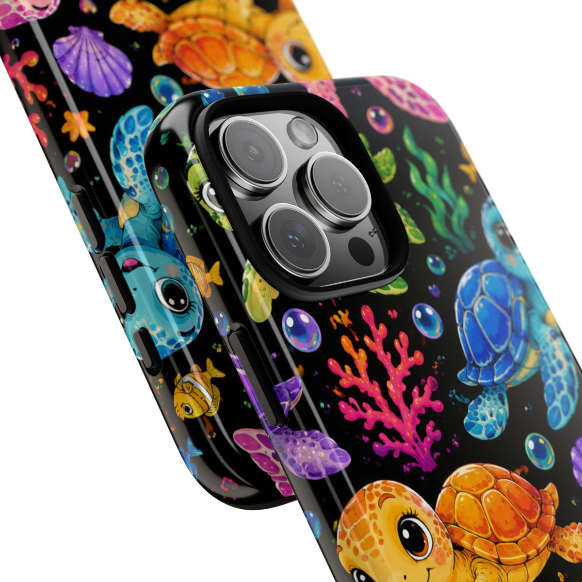 Phone Case — Colorful Cute Sea Turtles on Black (Protective Smartphone Cover)