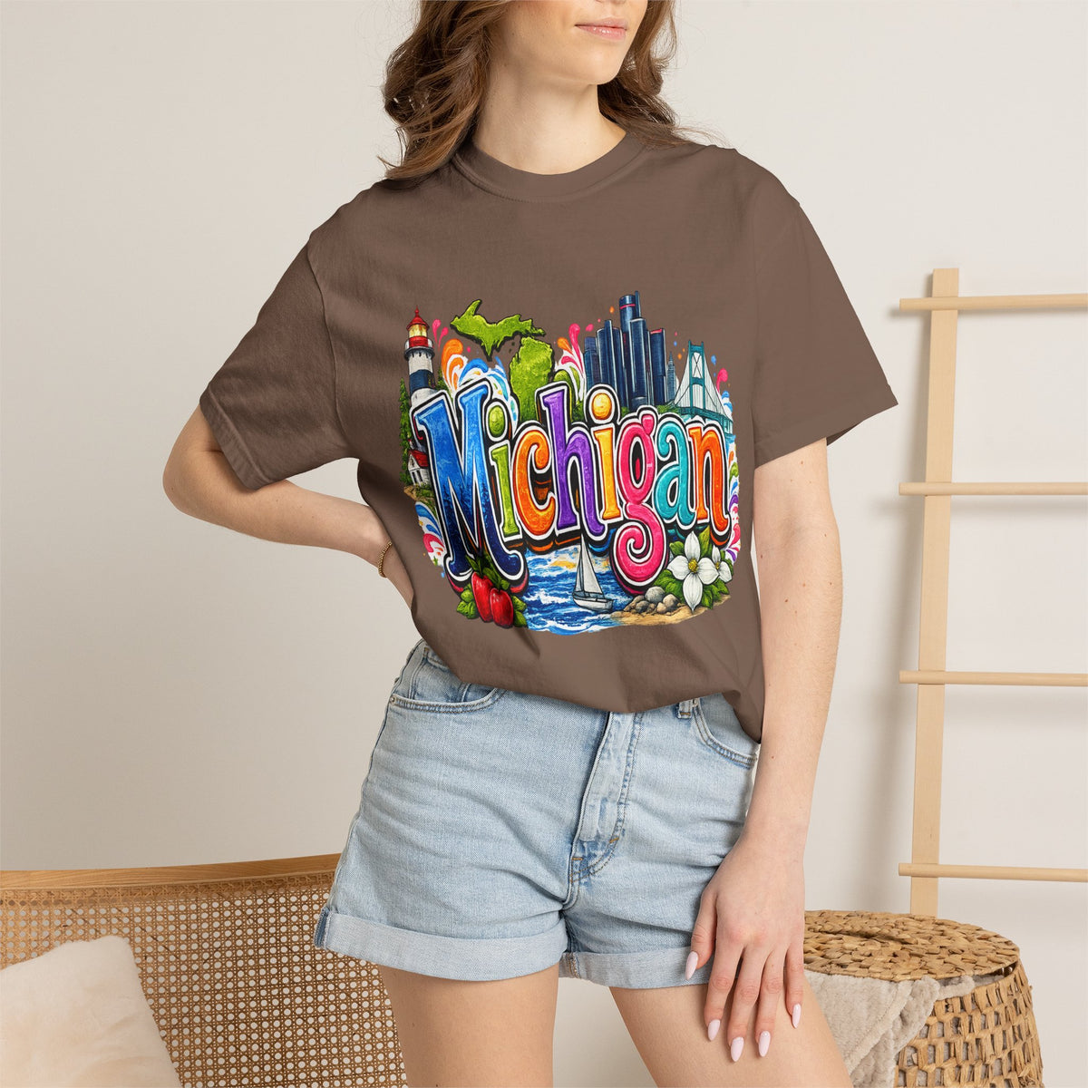 Michigan State Scene T-Shirt | Lighthouse, Skyline, Great Lakes