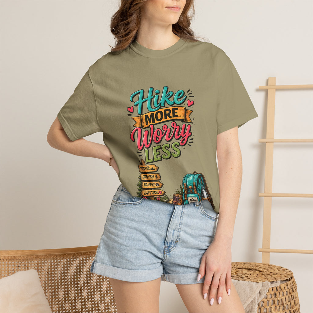 Hike More Worry Less T-Shirt | Hiking Backpack Trail Sign Tee