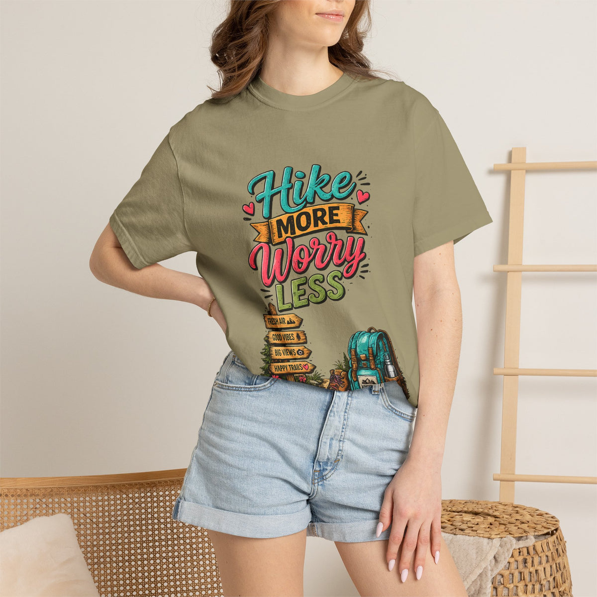 Hike More Worry Less T-Shirt | Hiking Backpack Trail Sign Tee