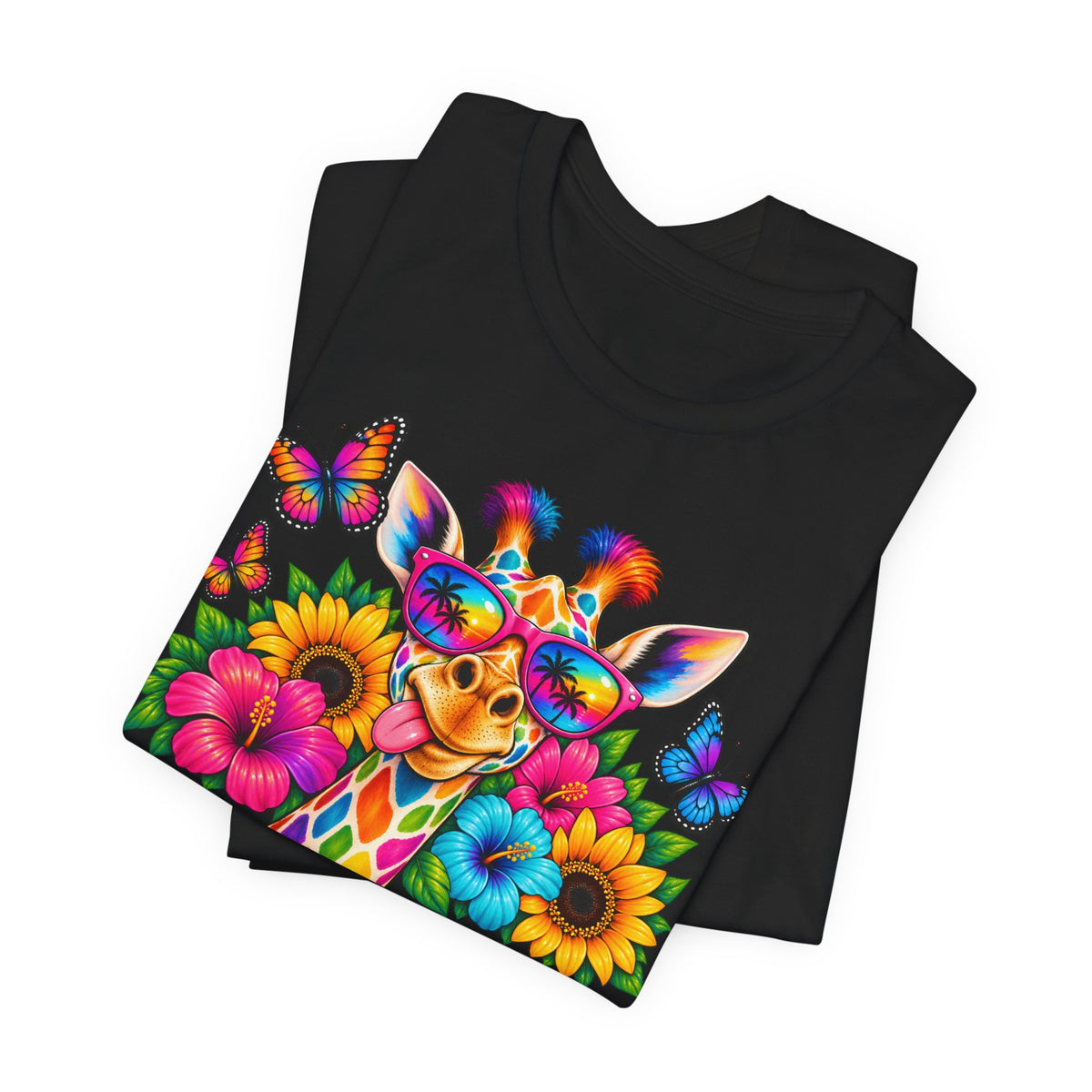 Giraffe Floral Tee — Colorful Butterfly & Sunflower Graphic T-Shirt